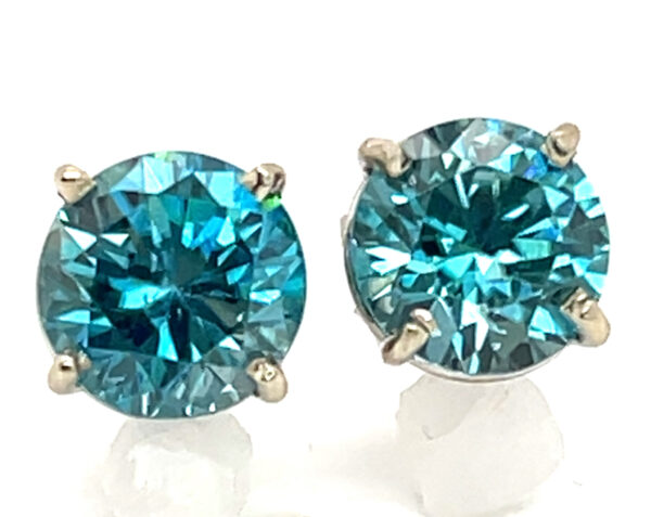 Large Electric Blue Zircon (H)* Studs 14KWG 5.15 ctw