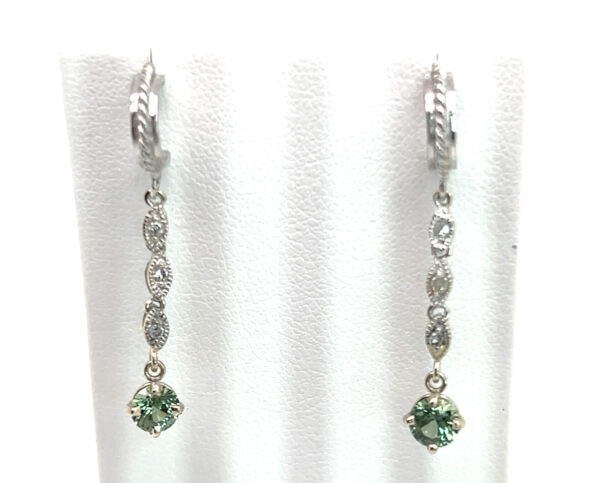 Dangle Vibrant Green Sapphire (H)* Diamond Earrings 14KWG 0.68 ctw - Image 2