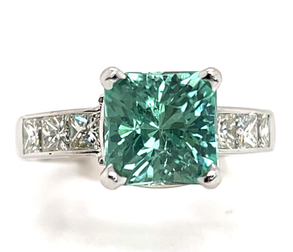 Fancy Faceted GIA Cert. Blue/Green Tourmaline (H)*  Diamond Ring 14KWG 4.64 ctw - Image 4