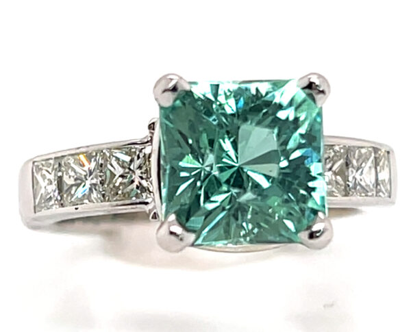 Fancy Faceted GIA Cert. Blue/Green Tourmaline (H)*  Diamond Ring 14KWG 4.64 ctw