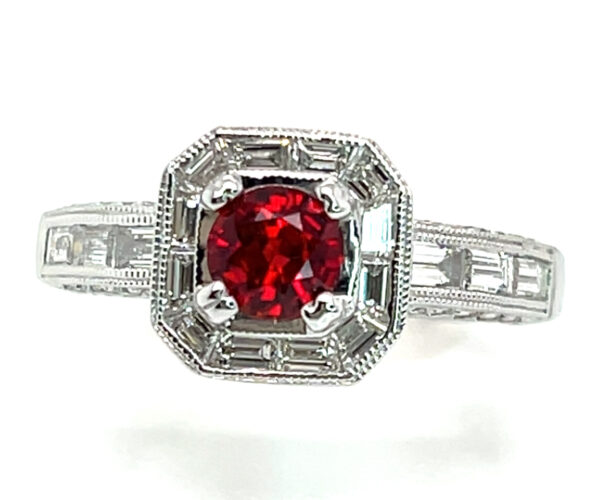 BRIGHT RED Ruby (H)* Diamond Baguette Halo Diamond Ring 18KWG 1.52 ctw