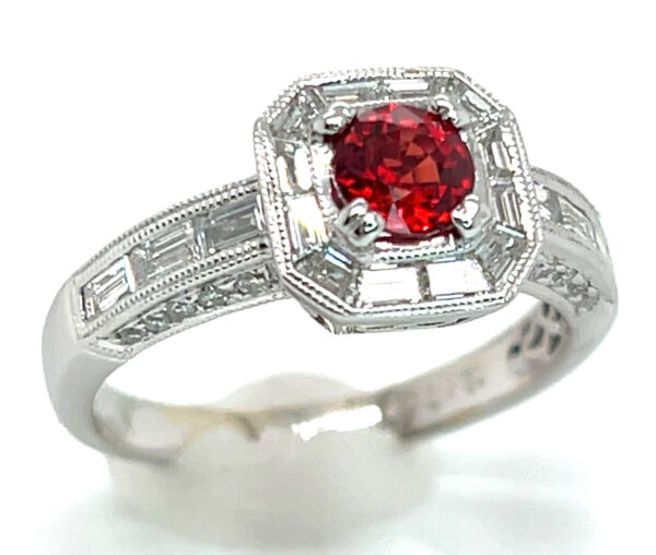 BRIGHT RED Ruby (H)* Diamond Baguette Halo Diamond Ring 18KWG 1.52 ctw - Image 4