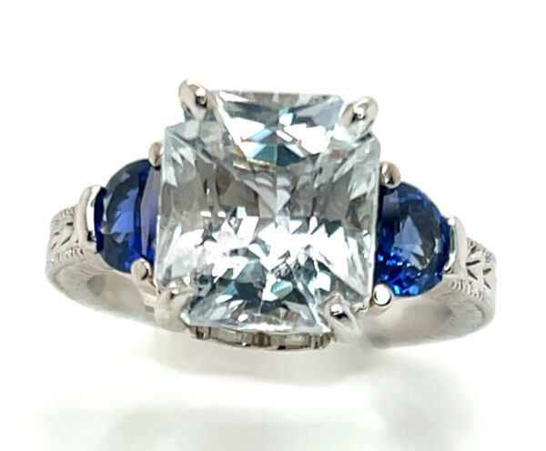 GIA Cert. Large Unheated White (N)* & Half Moon Blue Sapphire Ring 14KWG 7.07 ctw - Image 2