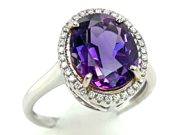 Large Oval Amethyst (H)* Diamond Halo Rig 14KWG 3.64 ctw - Image 4