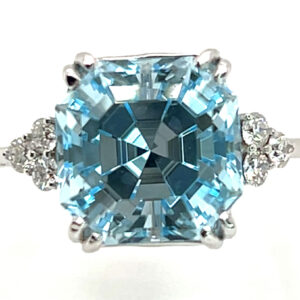 Fancy Asscher Cut Blue Topaz (H,I) Diamond Ring 14KWG 6.80 ctw