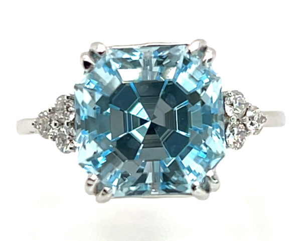 Fancy Asscher Cut Blue Topaz (H,I) Diamond Ring 14KWG 6.80 ctw