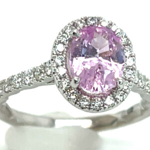 Brilliant Medium-light Pink Ceylon Sapphire (H)* Diamond Halo Ring 14KWG 2.38 ctw