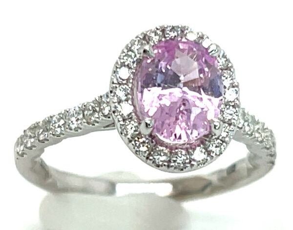 Brilliant Medium-light Pink Ceylon Sapphire (H)* Diamond Halo Ring 14KWG 2.38 ctw