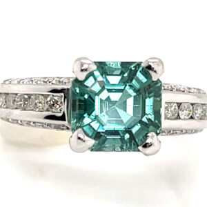 Asscher Cut Blue/Green Tourmaline (N)* Diamond Ring 14KWG 4.50 ctw