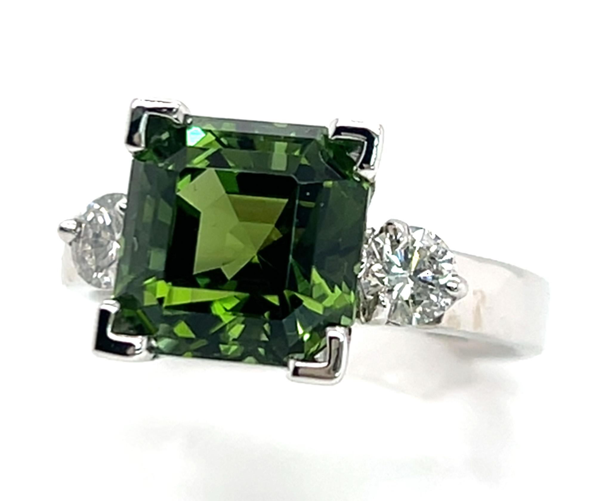 Incredible Rich Green Congo Asscher Cut Tourmaline (N)* Diamond Ring 18KWG 5.51 ctw - Image 2