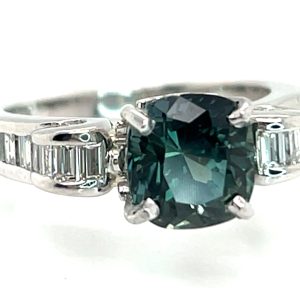 Dark Teal Cushion Sapphire (H)* Diamond Platinum Ring 3.66 ctw