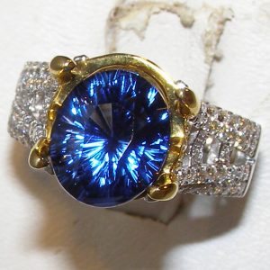 Concave Faceted AGL Certified Sapphire (H)* Diamond Platinum Ring 5.89 ctw