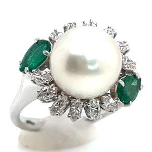 Elegant Pearl (N)* Diamond Halo Emerald Ring 9.7 mm Pearl 18KWG 1.00 ctw