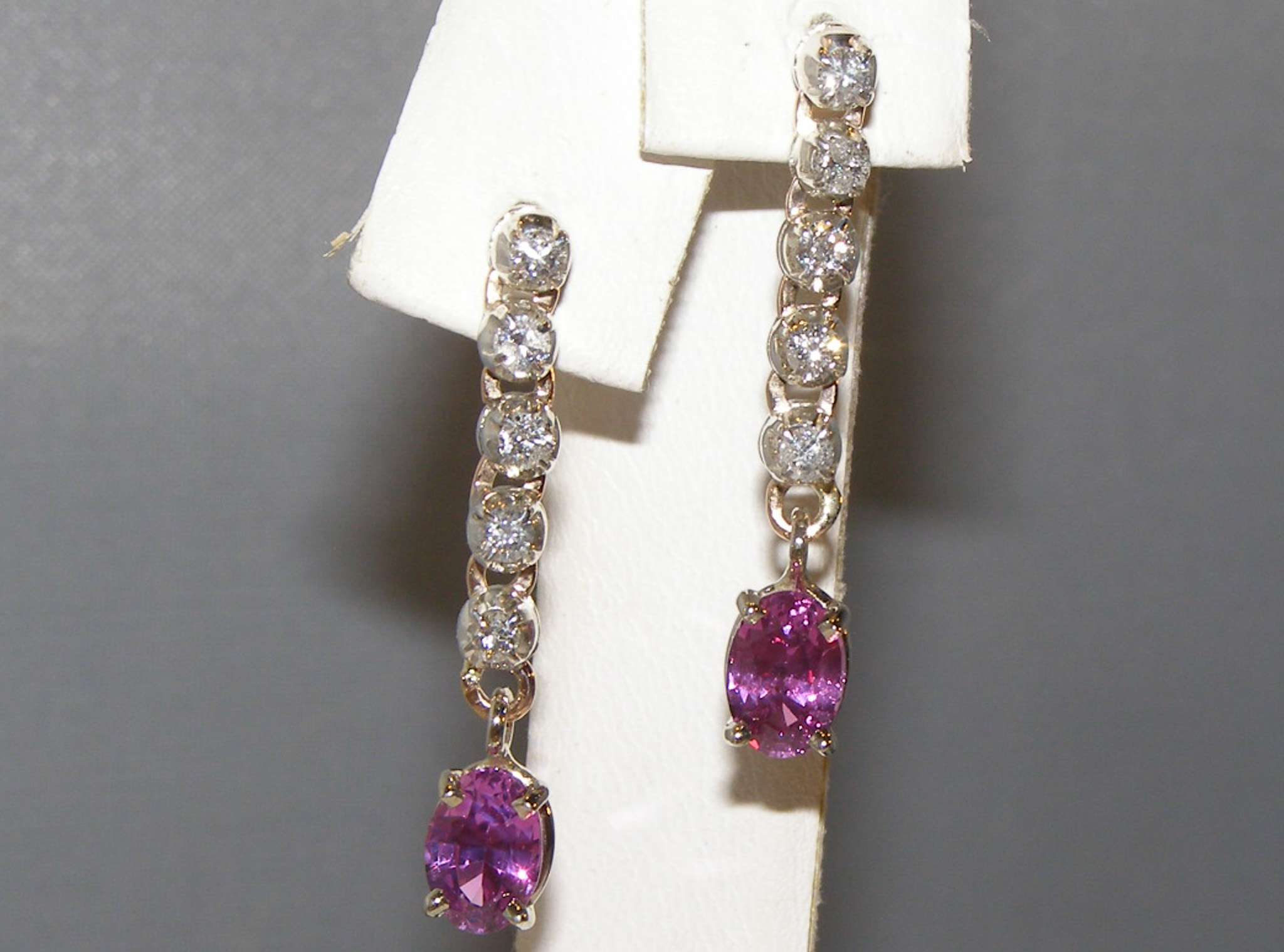 Elegant Dangle Ceylon Pink Sapphire (H)* Diamond Earrings 14KWG 1.90 ctw