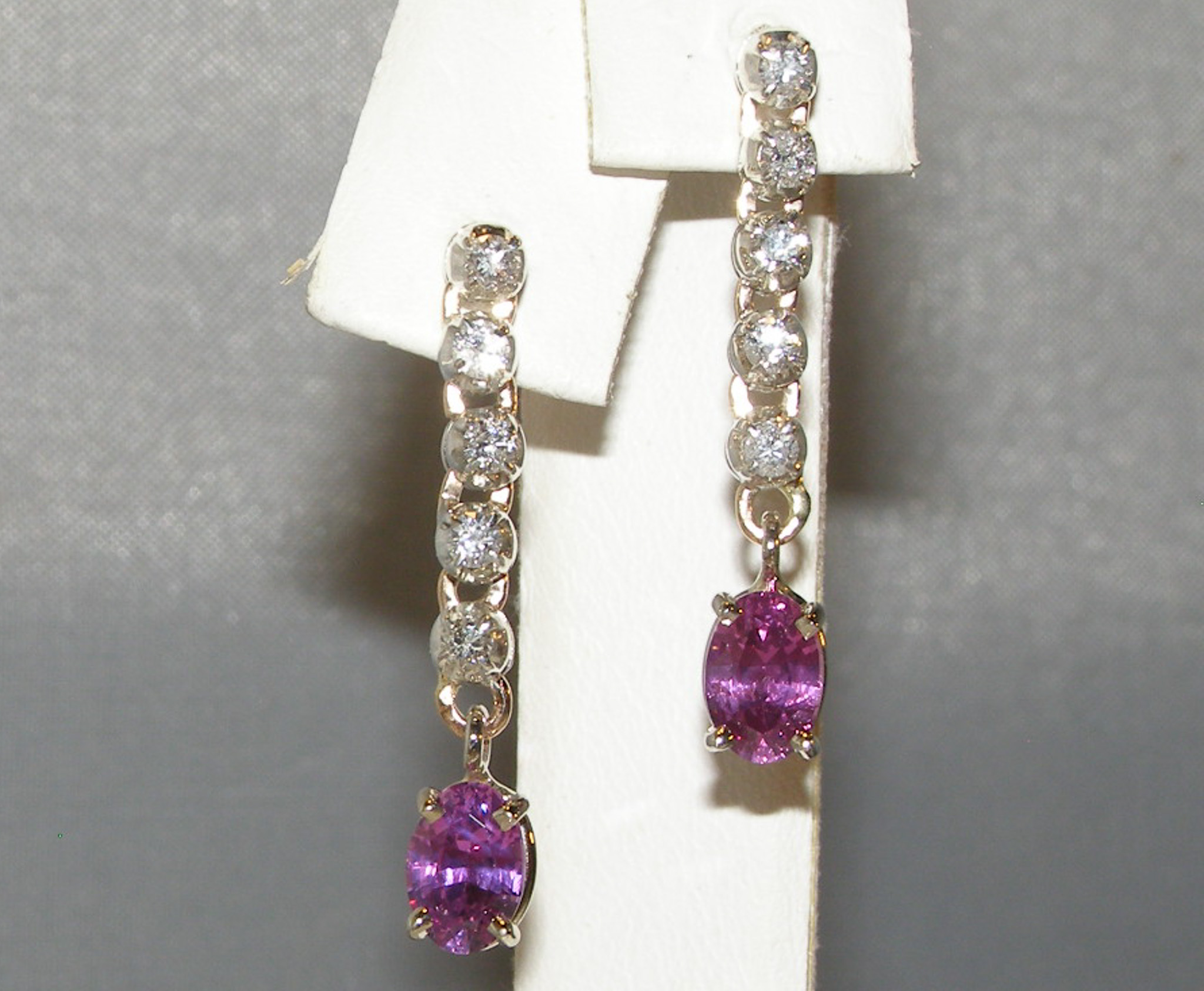 Elegant Dangle Ceylon Pink Sapphire (H)* Diamond Earrings 14KWG 1.90 ctw - Image 2