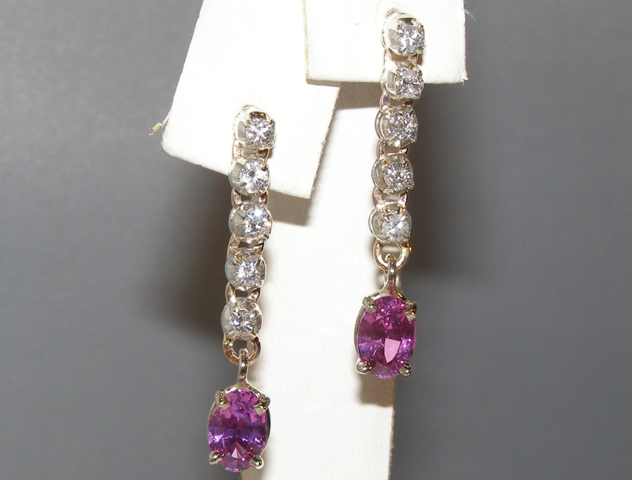 Elegant Dangle Ceylon Pink Sapphire (H)* Diamond Earrings 14KWG 1.90 ctw - Image 4